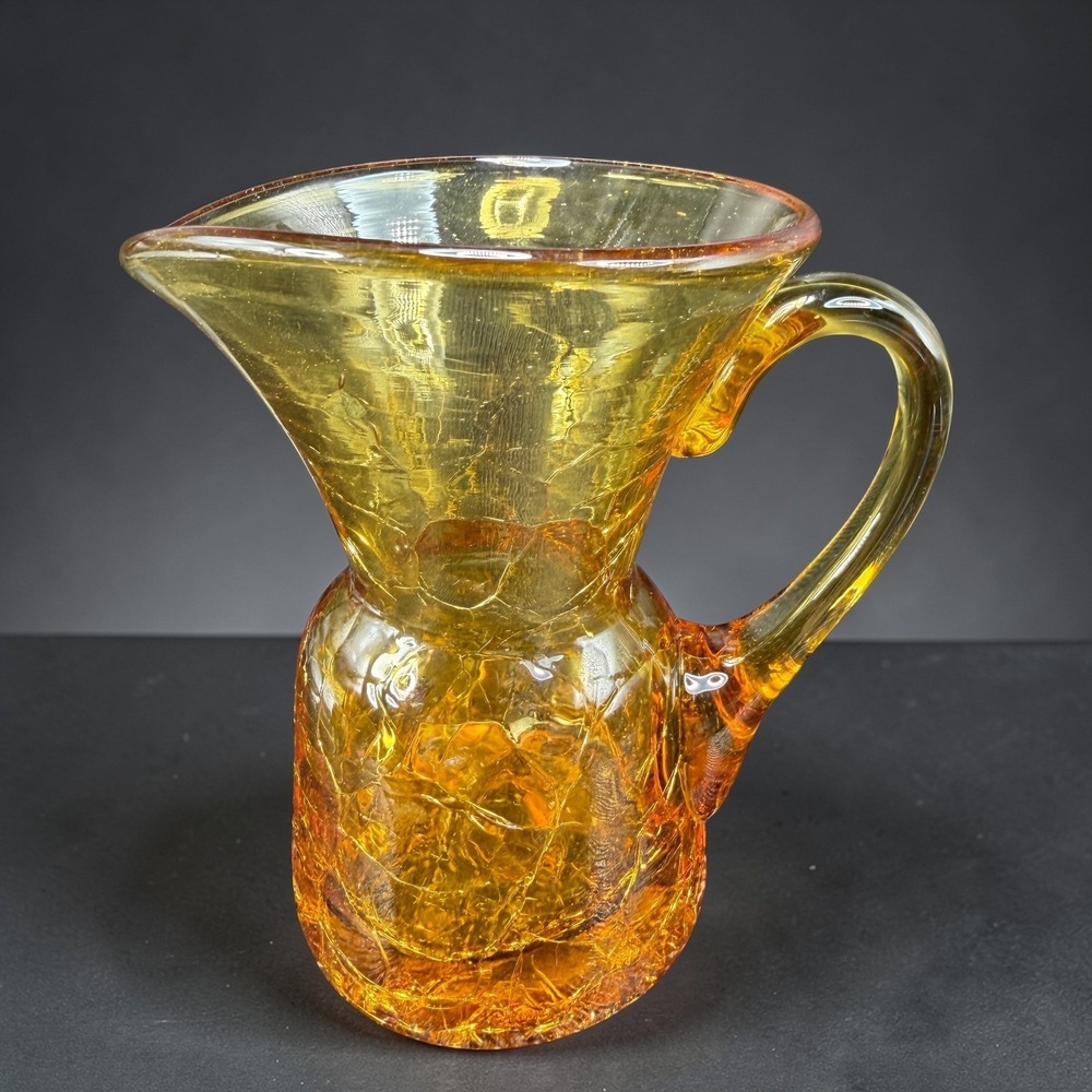 Vintage Amber Crackle Glass Pitcher‎ Hand Blown Mini Creamer Mid Century Modern